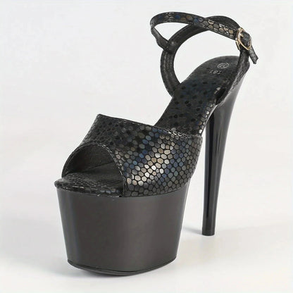 Black Waterproof Stiletto High Heels 6.69inch Platform Stone Pattern Ohberri