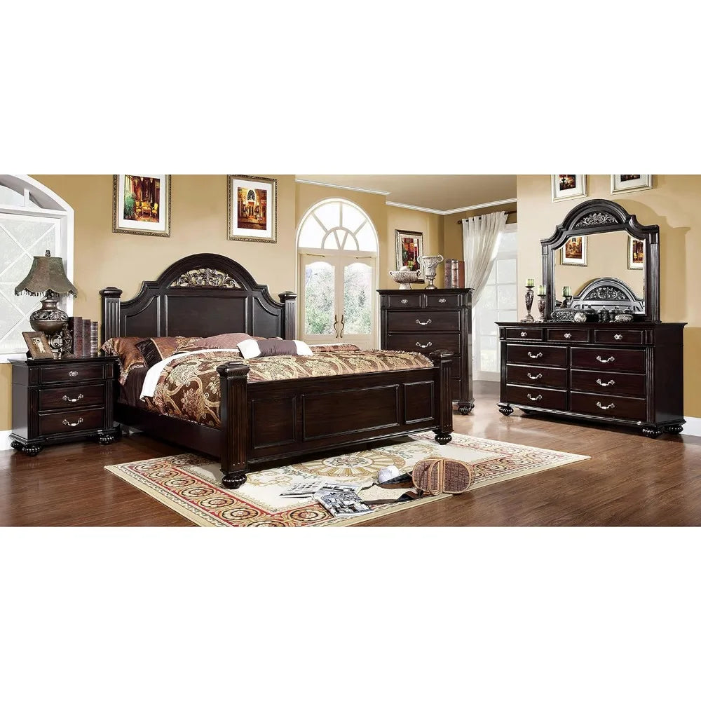 6-Piece Traditional Solid Wood Bedroom Set with Chest, Mirrored-Dresser and 2 Nightstands, Box Spring - Ohberri