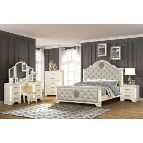Queen 5 Pc Unique LED Vanity Bedroom Set made with Wood in Beige - Ohberri