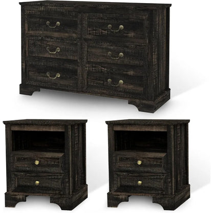 Farmhouse 3 Pieces Bedroom Furniture Set, Rustic Wood 6 Drawer Dresser and Nightstands - Ohberri