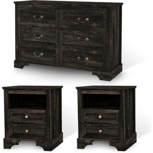 Farmhouse 3 Pieces Bedroom Furniture Set, Rustic Wood 6 Drawer Dresser and Nightstands - Ohberri