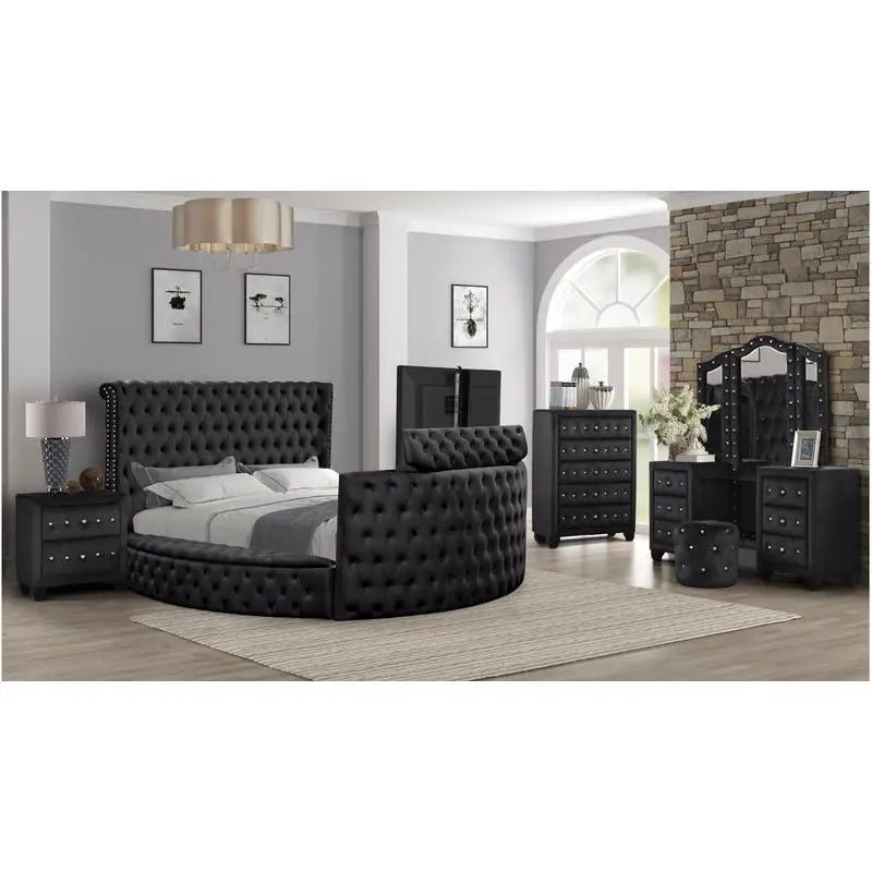 Black Queen Vanity Bedroom Set 5-Piece Wood Furniture with Crystal Tufting, Stylish and Elegant Design for Modern Decor - Ohberri