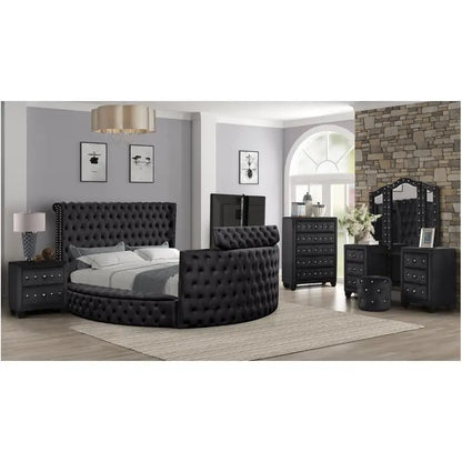 Black Queen Vanity Bedroom Set 5-Piece Wood Furniture with Crystal Tufting, Stylish and Elegant Design for Modern Decor - Ohberri