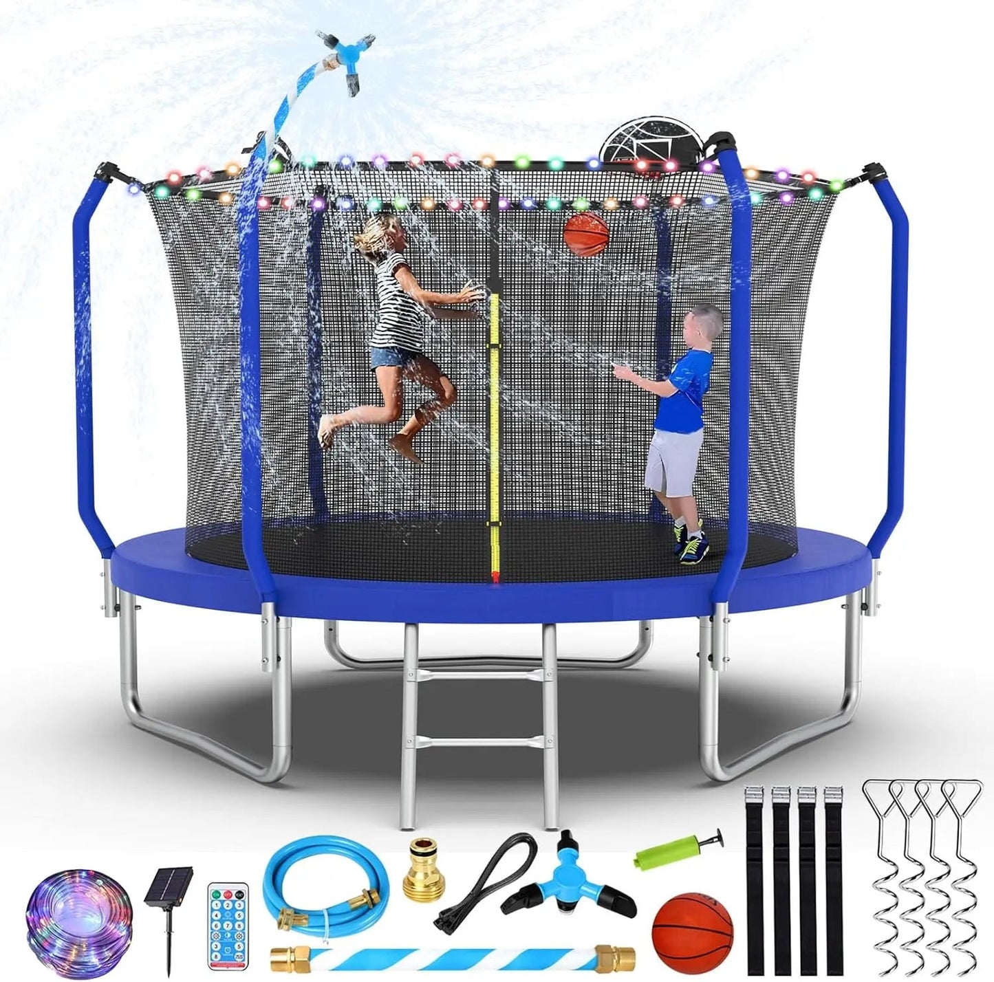 Trampoline 14FT With Basketball Hoop, Light, Sprinkler, Stakes - Outdoor Ohberri