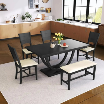 6 Pieces Dining Table Set with Bench, Rectangle Dining Table with 4 Upholstered Chairs & a Bench, Wood Ohberri