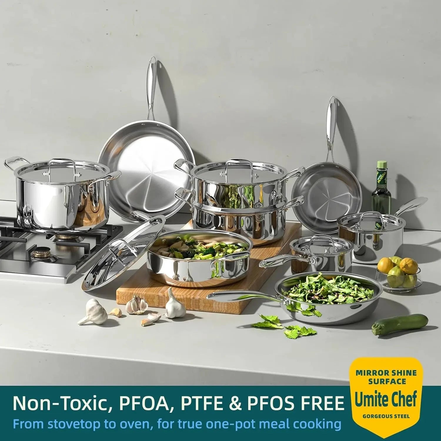 Stainless Steel Cookware Set, 5 Ply 14 Piece Stainless Steel Pot and Pan Set-Induction Ohberri