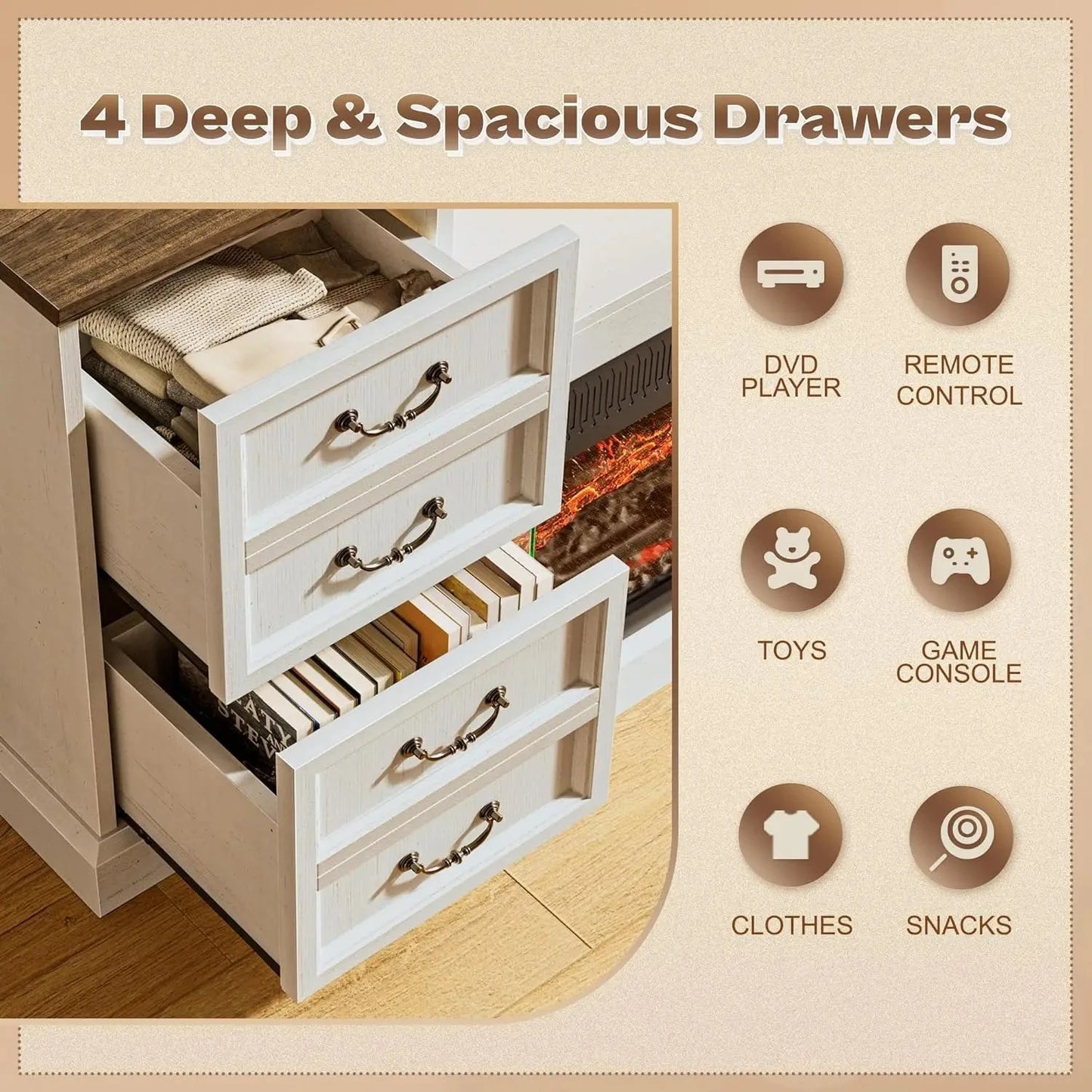 Fireplace TV Stand with LED Lights for 75 Inch TV -Farmhouse Ohberri