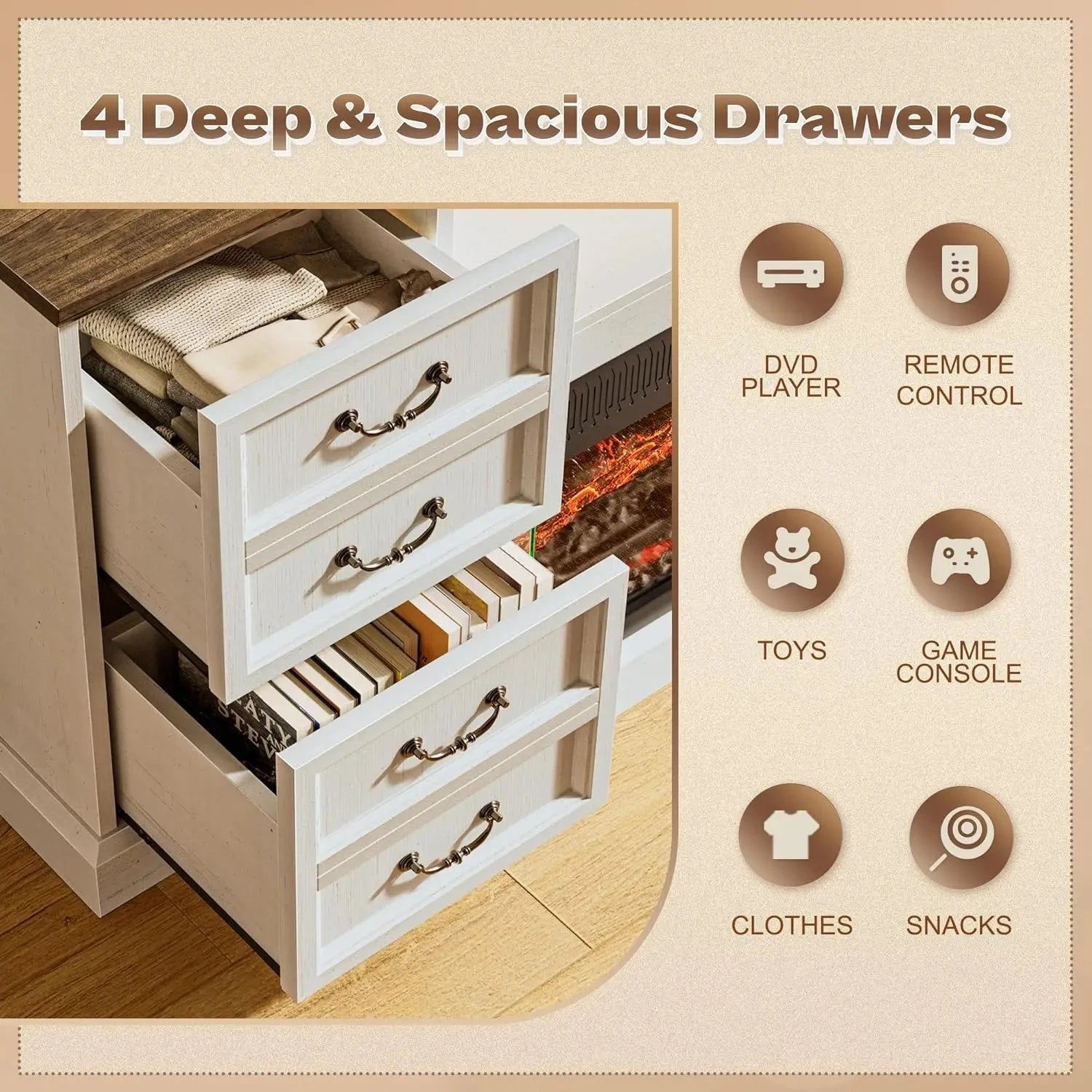 Fireplace TV Stand with LED Lights for 75 Inch TV -Farmhouse Ohberri