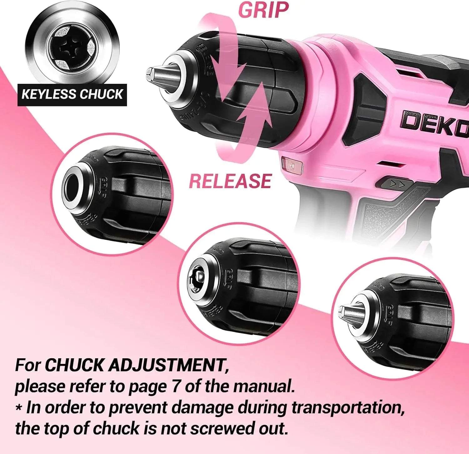 DEKO 8V Pink Cordless Drill, Drill Set with 3/8"Keyless Chuck, 42pcs Ohberri