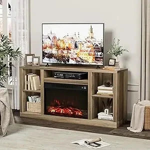 TV Stand for 65 Inch TV, Media Entertainment Center Console Table with 26" Electric Fireplace- Farmhouse Ohberri