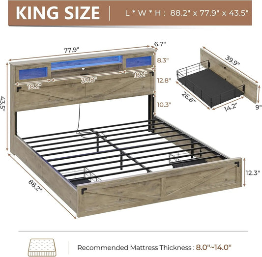 Farmhouse Bed Frame with Bookcase Headboard and 2 Drawers, Wooden Platform , Rustic Brown Ohberri