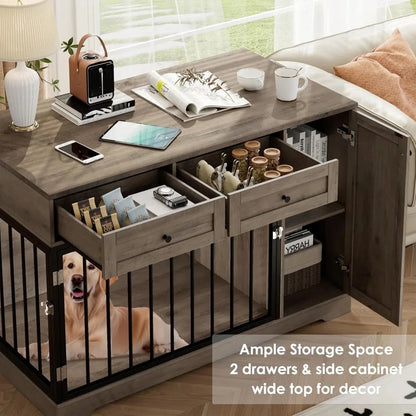 Wooden Dog Crate Furniture, Double Door Pet Kennel with 2 Drawers & Storage Cabinet Ohberri