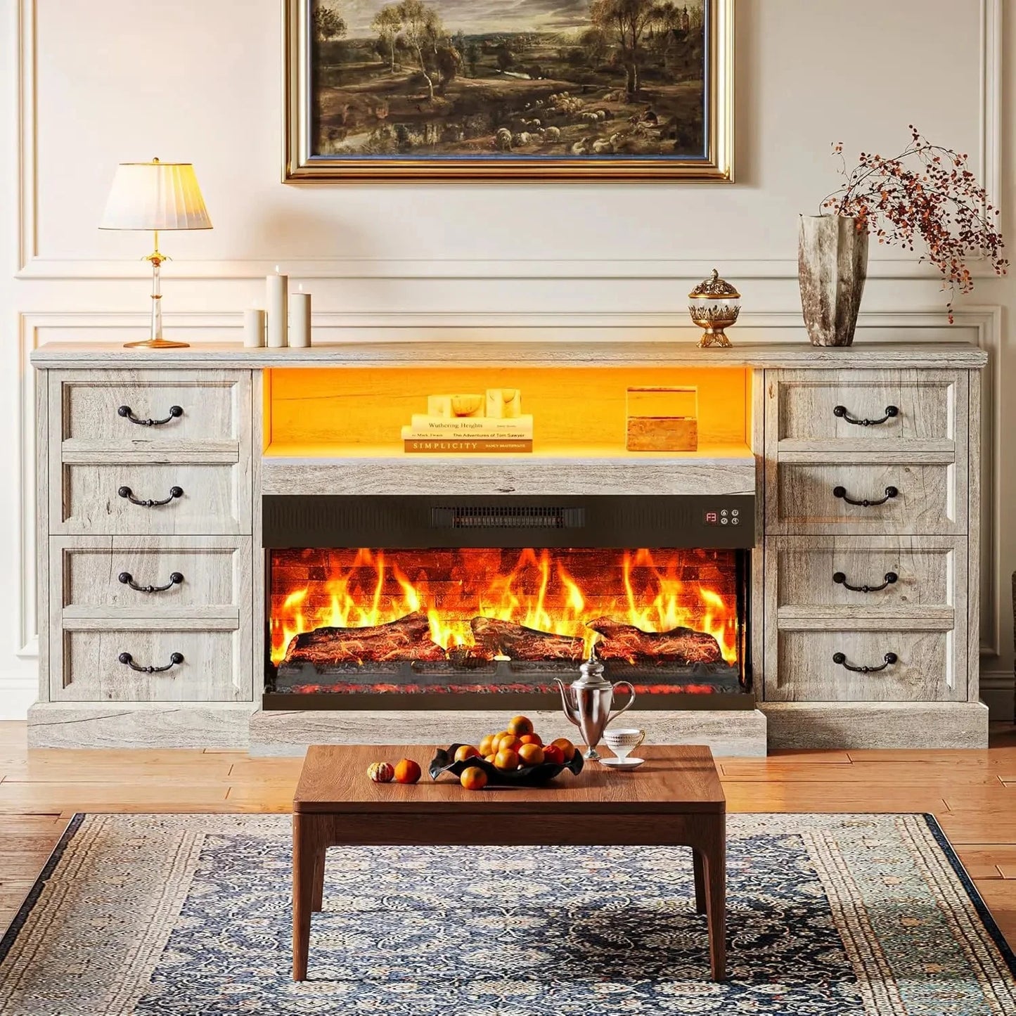 Fireplace TV Stand with LED Lights for 75 Inch TV -Farmhouse Ohberri