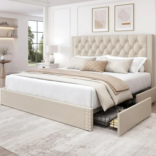 King Size Platform Bed Frame with 4 Storage Drawers and Headboard Linen Upholstered Bed Frame Tufted Beds - Ohberri