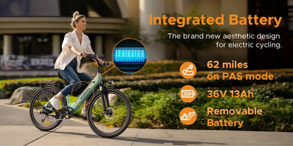 26'' Commuter Electric Bicycle 700W Peak Motor 7 Speed Electric Bike, Green - Ohberri