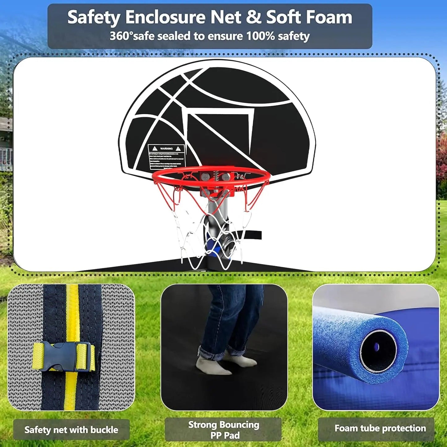 Trampoline 14FT With Basketball Hoop, Light, Sprinkler, Stakes - Outdoor Ohberri