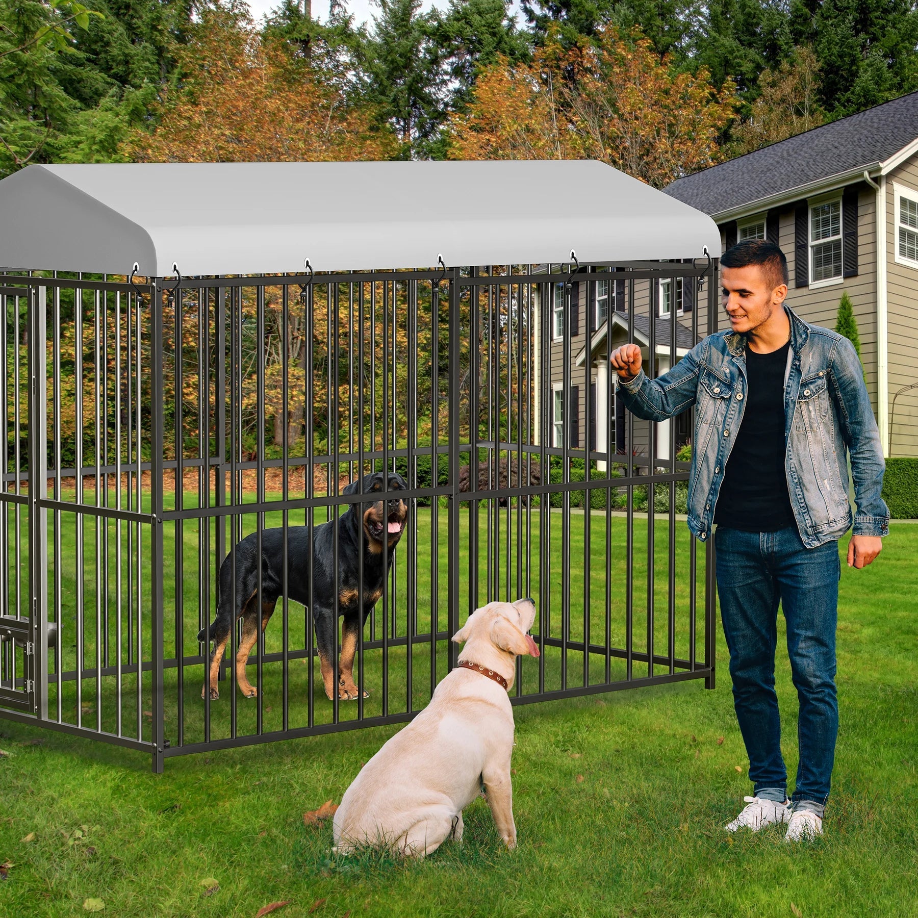 Large Dog Kennel Outside Heavy-Duty Outdoor with Roof, Double Lock, Enclosures with UV-Resistant Ohberri