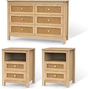 Farmhouse Bedroom Set, 3 Pieces Rustic Wood 6 Drawer Dresser and Nightstands - Ohberri