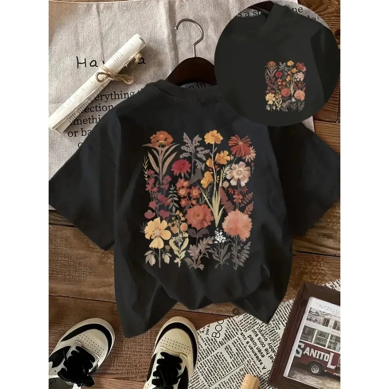 Women's Crew Neck Vintage Printed Casual T-Shirt Ohberri