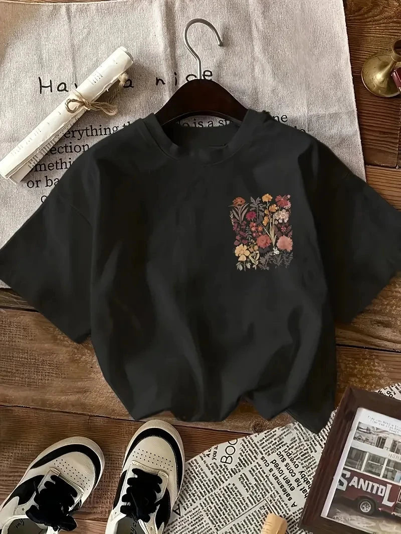 Women's Crew Neck Vintage Printed Casual T-Shirt Ohberri