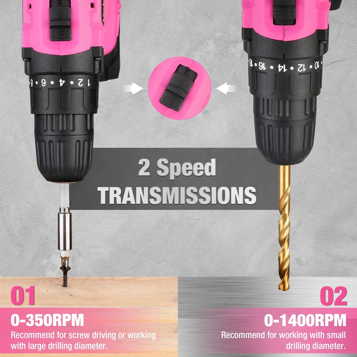 20V 3/8" Pink Cordless Drill Set  18+1 Torque Settings, Power Drill Set with LED Light and Magnetic Holder Ohberri