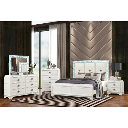 Modern Style 5 Pc King Upholstered Bedroom Set Made with Wood and Crystal Accents in White - Ohberri