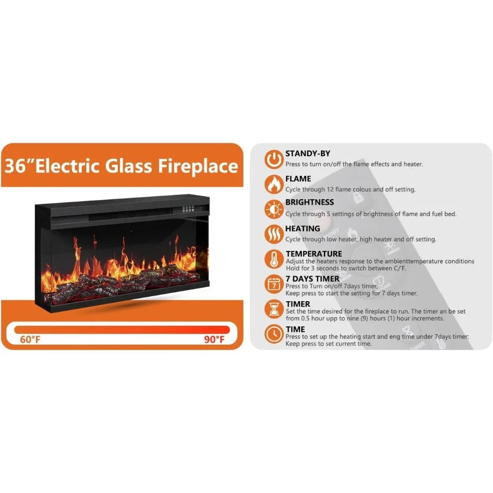 3-Sided Glass Farmhouse Fireplace for TVs Up to 100 Inch with 36" Electric Fireplace, Rustic Ohberri