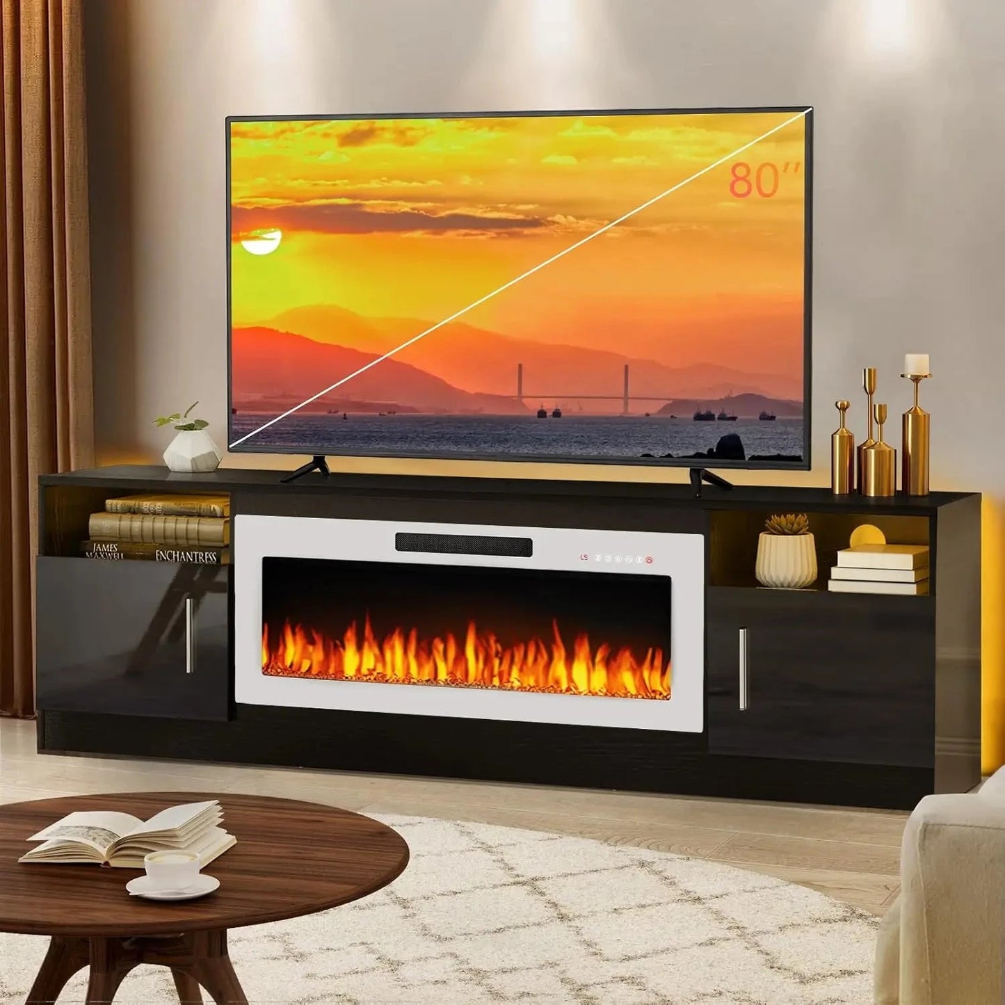 Fireplace tv Stand with 36 inch Fireplace Up to 80" TVs,LED Light 70" Modern Wood Ohberri