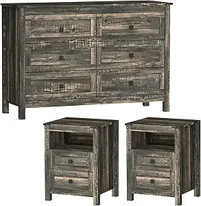 Farmhouse Bedroom Set, 3 Pieces Rustic Wood 6 Drawer Dresser and Nightstands - Ohberri