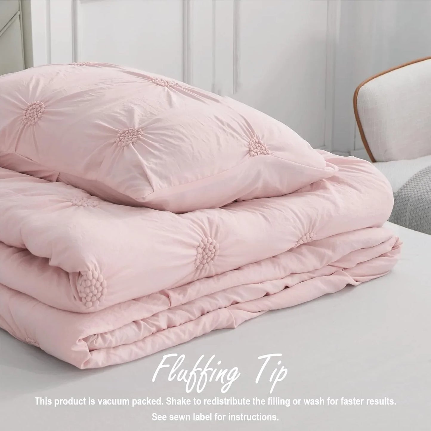 Full/Queen Baby Pink Rose Blush Comforter Set - Ruched 3D Floral Pintuck Bedding Set - 3 Pieces Bed Linen, 1 Comforter - Ohberri
