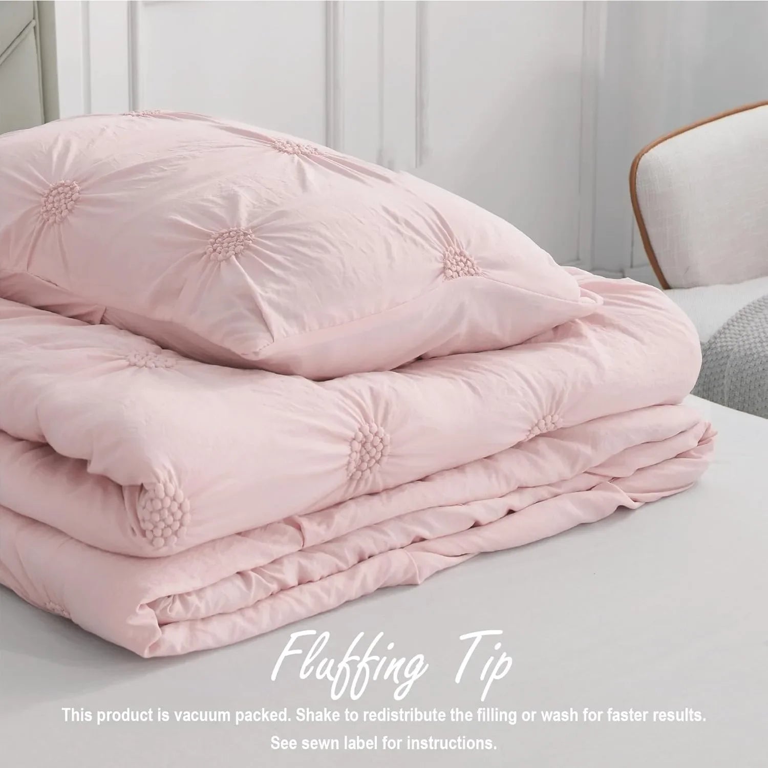 Full/Queen Baby Pink Rose Blush Comforter Set - Ruched 3D Floral Pintuck Bedding Set - 3 Pieces Bed Linen, 1 Comforter - Ohberri