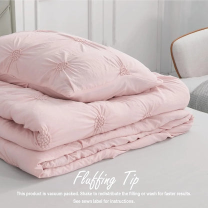 Full/Queen Baby Pink Rose Blush Comforter Set - Ruched 3D Floral Pintuck Bedding Set - 3 Pieces Bed Linen, 1 Comforter - Ohberri