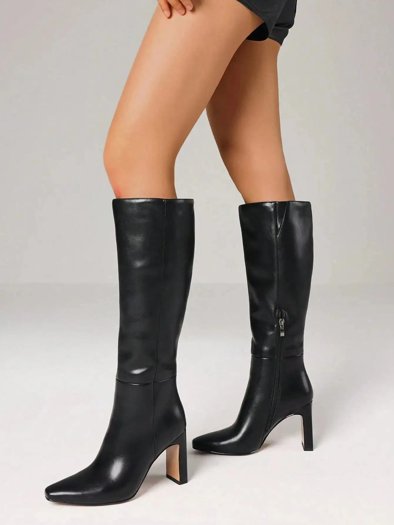 Knee High Boots Flock Zip Square Toe Chunky High Heel Ohberri