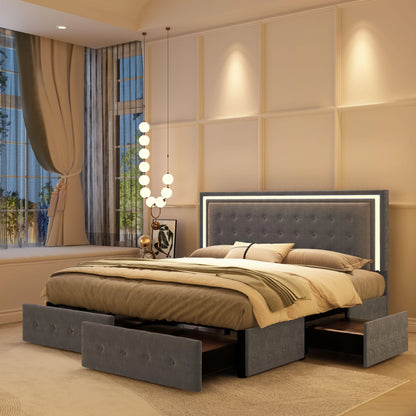 LED Bed Frame with 4 Storage Drawers, RGBW Headboard, PU Upholstered - Ohberri