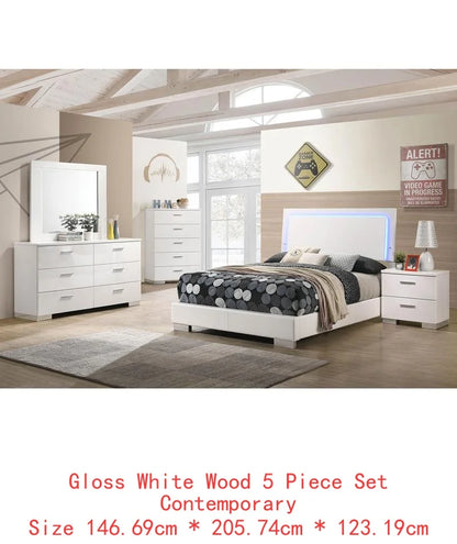 5-Piece High Gloss White Full Bedroom Set - Modern Design with Storage - Ohberri