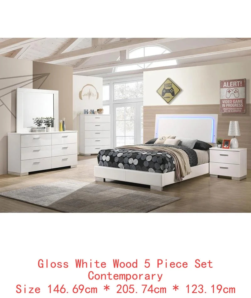 5-Piece High Gloss White Full Bedroom Set - Modern Design with Storage - Ohberri