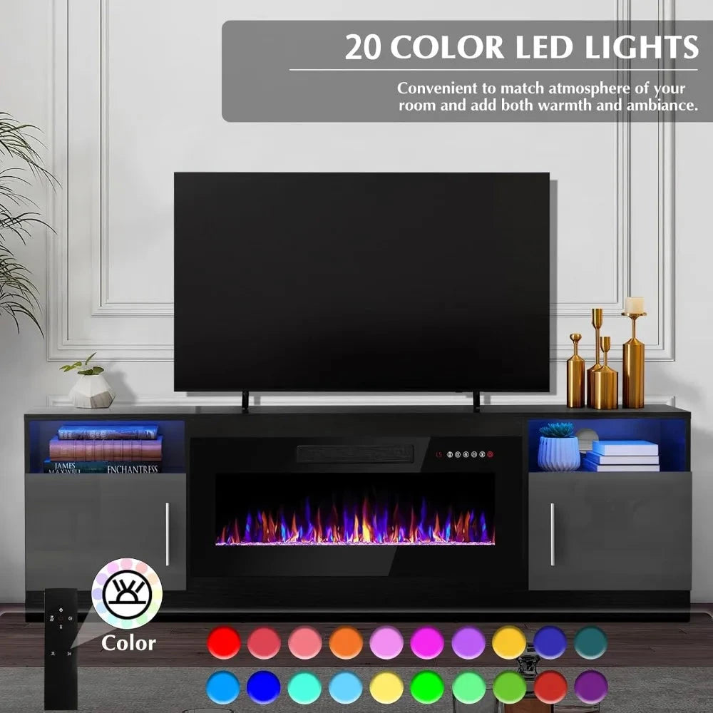 Fireplace tv Stand with 36 inch Fireplace Up to 80" TVs,LED Light 70" Modern Wood Ohberri