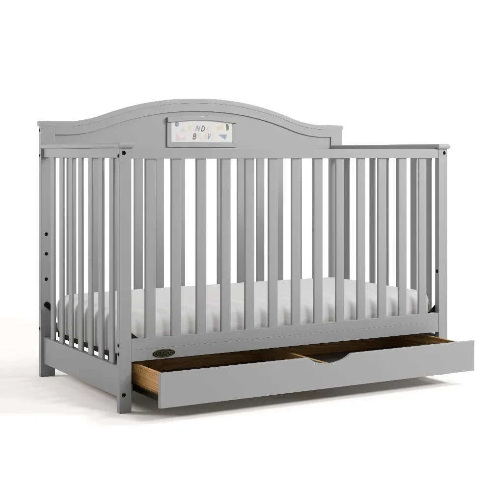 5-in-1 Convertible Baby Crib with Drawer and Reversible Headboard, Pebble Gray - Ohberri
