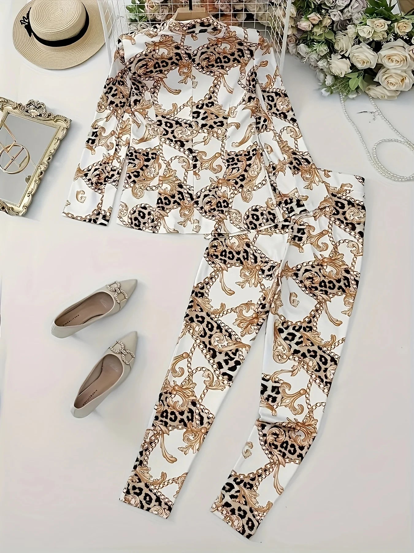 Chain printed leopard print casual two-piece set Ohberri