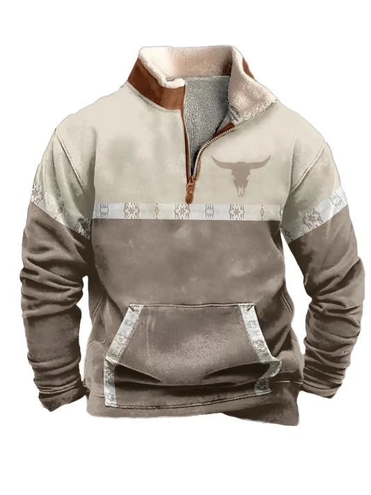 Vintage Western Hoodie with Aztec Cowboy Design - Beige Ohberri