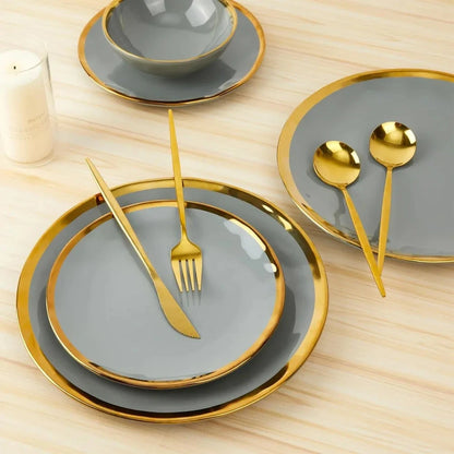 Porcelain Luxury Dinnerware Sets, Modern Plates and Bowls Sets for 4, Highly Chip and Crack Resistant, Grey and Gold Rim Ohberri