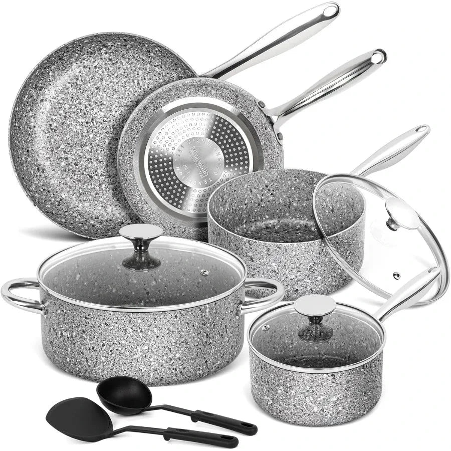 Pots and Pans Set 10 Piece Cookware Set with Granite Coatings for Super Nonstick Ohberri