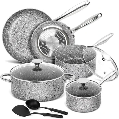 Pots and Pans Set 10 Piece Cookware Set with Granite Coatings for Super Nonstick Ohberri