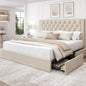 King Size Platform Bed Frame with 4 Storage Drawers and Headboard Linen Upholstered Bed Frame Tufted Beds - Ohberri