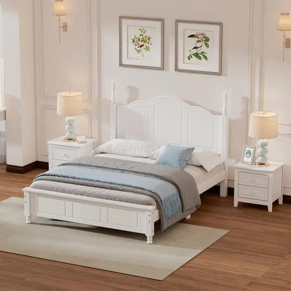 Full Size Wooden Platform Bed with 2 Nightstands, White 3-Piece Bedroom Set - Ohberri