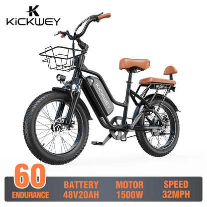 Electric Bike 20'' 1500W Up to 50 Miles 32MPH with 48V 20AH - Ohberri