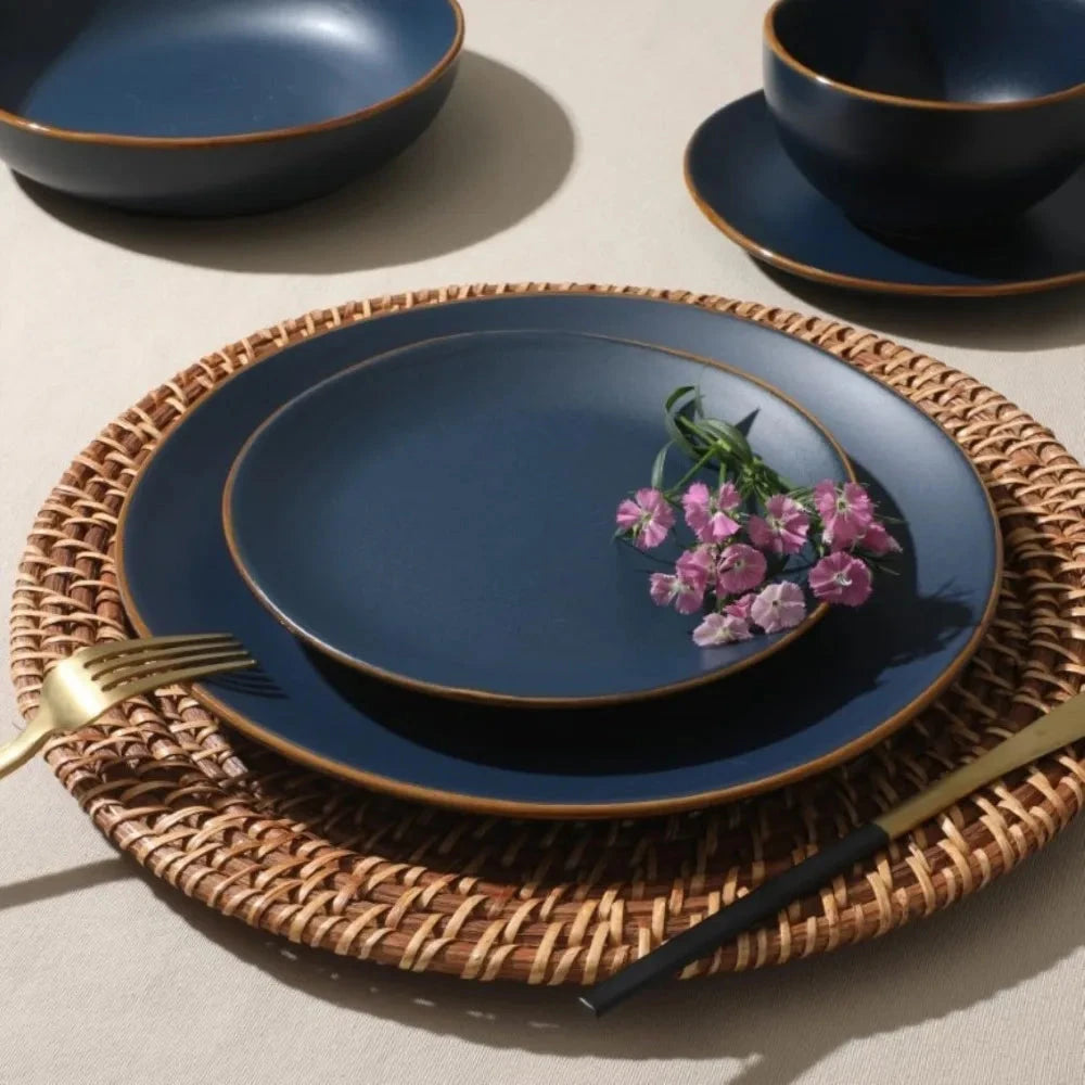 16-Piece Stoneware Ceramic Dinnerware Set with Navy Blue Plates and Bowls Ohberri