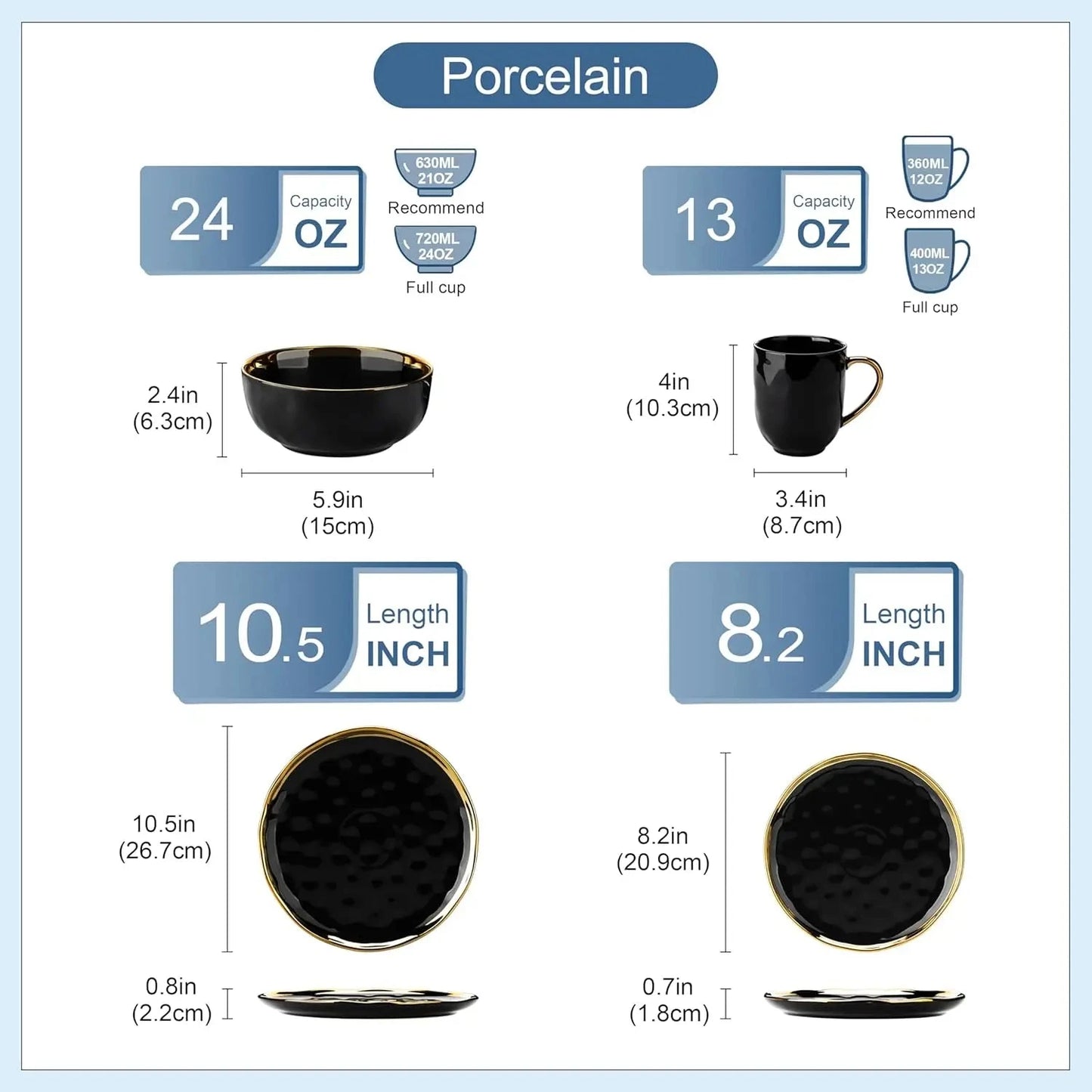 Black and Gold Dishes Sets, Stoneware Dinnerware Sets for 4, 16 Piece Plates and Bowls Sets Ohberri