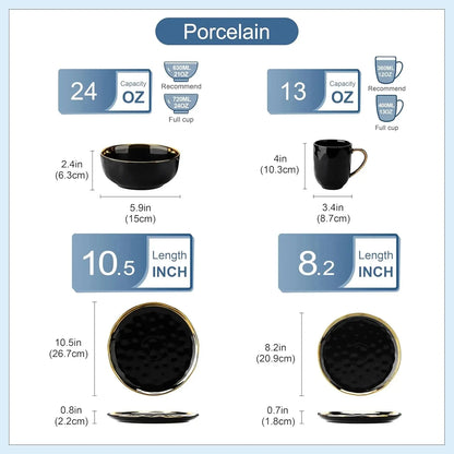 Black and Gold Dishes Sets, Stoneware Dinnerware Sets for 4, 16 Piece Plates and Bowls Sets Ohberri