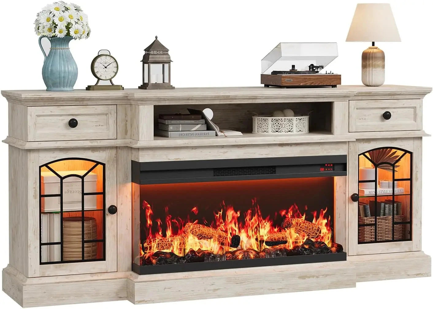 70" Farmhouse Fireplace TV Stand for TVs up to 80" with 36" 3-Side Glass Electric Fireplace Ohberri